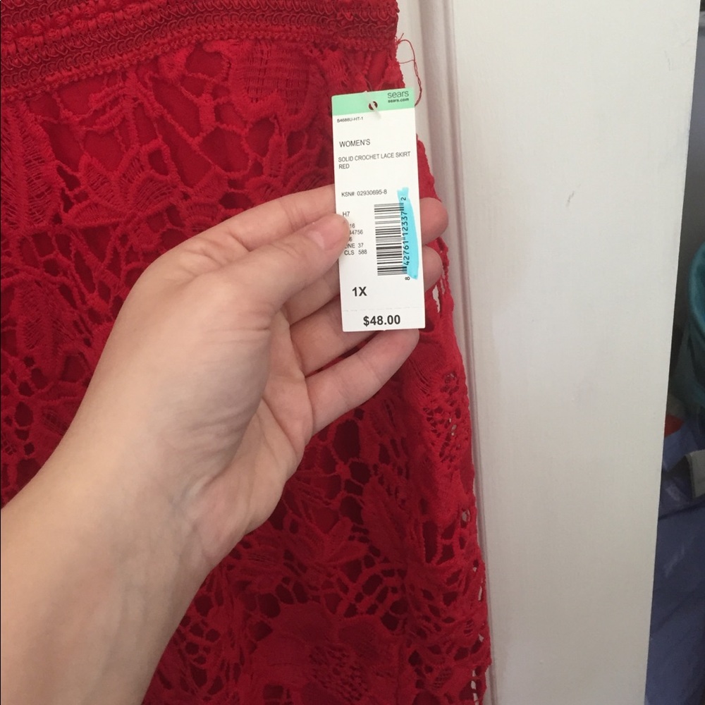 Red lace pencil skirt